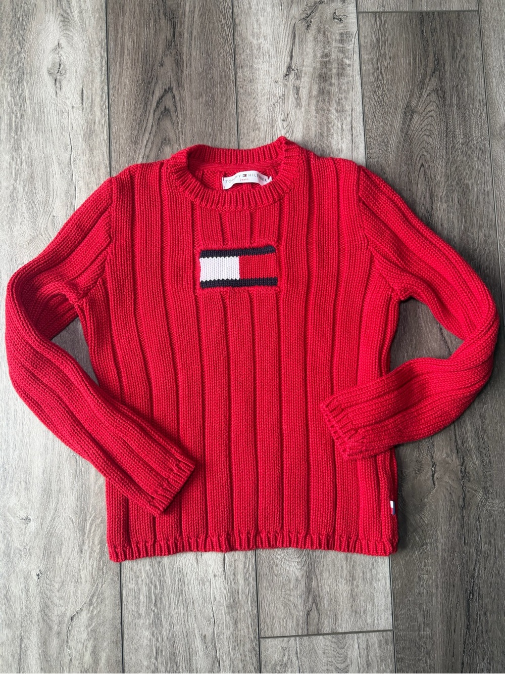 Tommy Hilfiger-90s Vintage Cableknit Crewneck 100% CottonSweater with Flag Patch